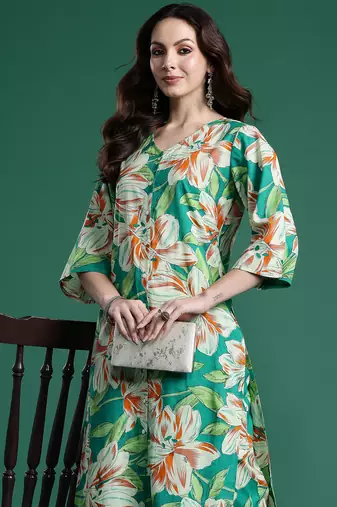 Green printed pure cotton kurta trouser set