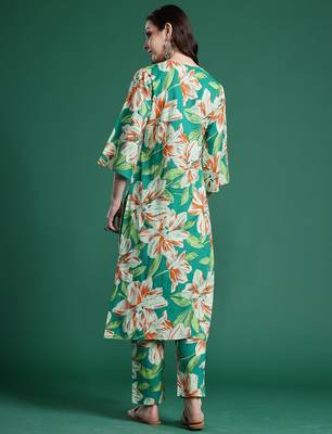 Green printed pure cotton kurta trouser set 2