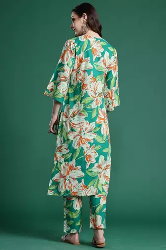 Green printed pure cotton kurta trouser set