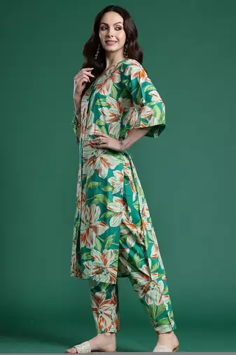 Green printed pure cotton kurta trouser set