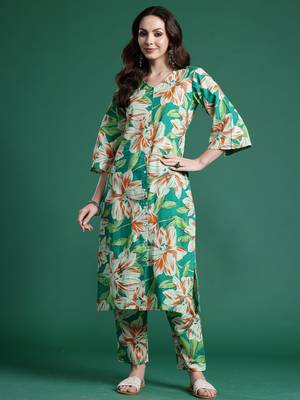 Green printed pure cotton kurta trouser set 4