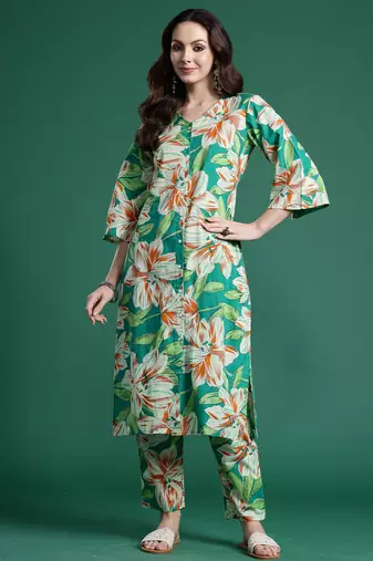 Green printed pure cotton kurta trouser set