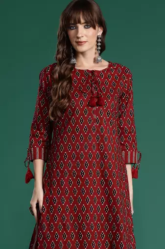 Maroon printed pure cotton kurta trouser set