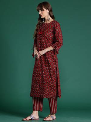 Maroon printed pure cotton kurta trouser set 4