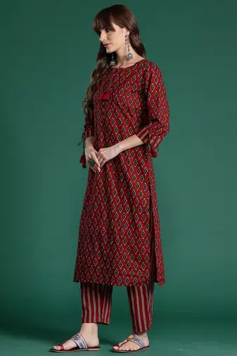 Maroon printed pure cotton kurta trouser set