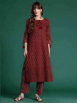 Maroon printed pure cotton kurta trouser set 1