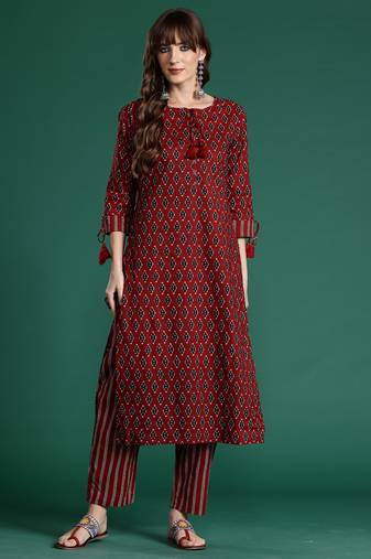 Maroon printed pure cotton kurta trouser set