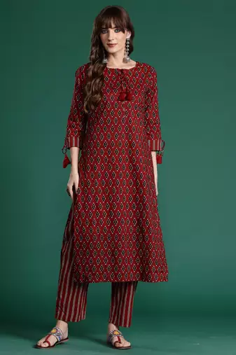Maroon printed pure cotton kurta trouser set