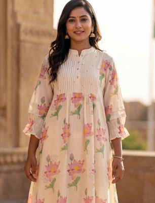 Off white printed pure cotton kurta trouser set 2