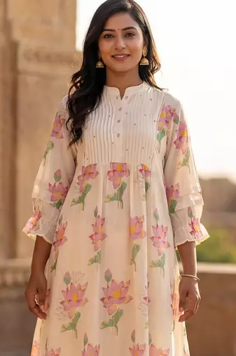 Off white printed pure cotton kurta trouser set