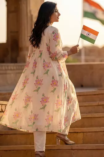 Off white printed pure cotton kurta trouser set