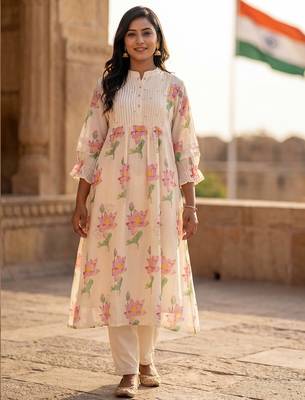 Off white printed pure cotton kurta trouser set 1