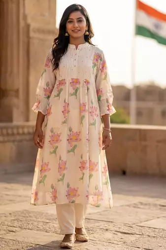 Off white printed pure cotton kurta trouser set