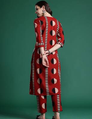 Maroon printed pure cotton kurta trouser set 2