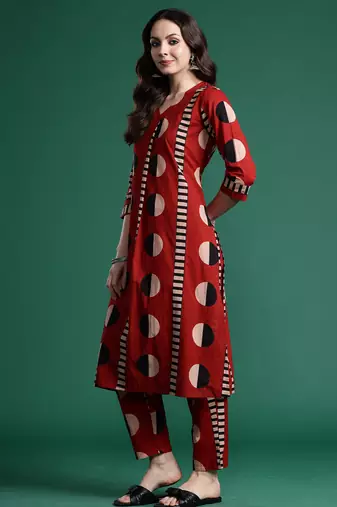 Maroon printed pure cotton kurta trouser set