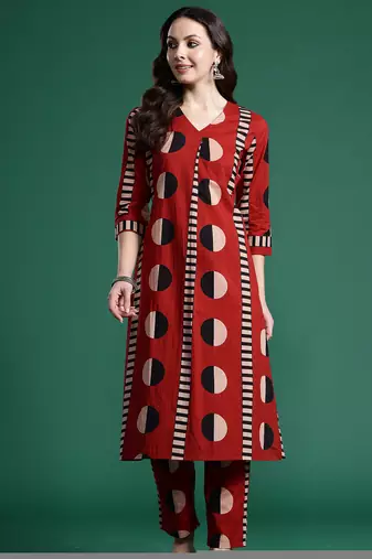 Maroon printed pure cotton kurta trouser set