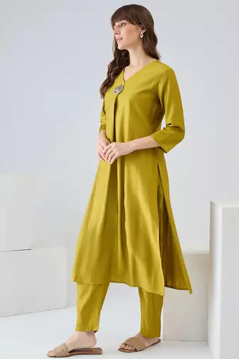 Olive printed liva kurta trouser set