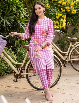 Pink printed pure cotton kurta trouser set 1