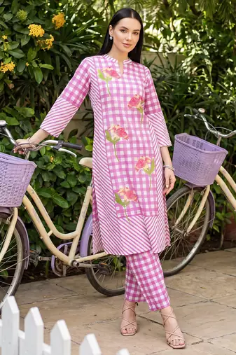 Pink printed pure cotton kurta trouser set
