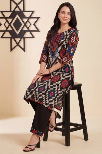 Black printed pure cotton kurta trouser set