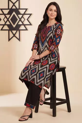 Black printed pure cotton kurta trouser set