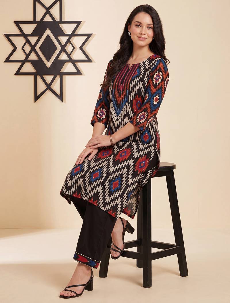 Black printed pure cotton kurta trouser set