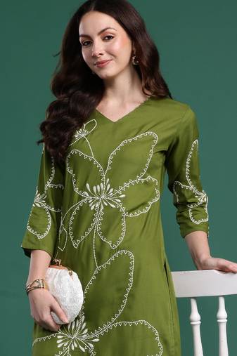Green embroidered viscose rayon kurta trouser set