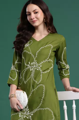 Green embroidered viscose rayon kurta trouser set