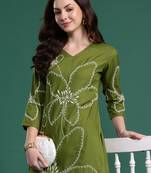 Green embroidered viscose rayon kurta trouser set