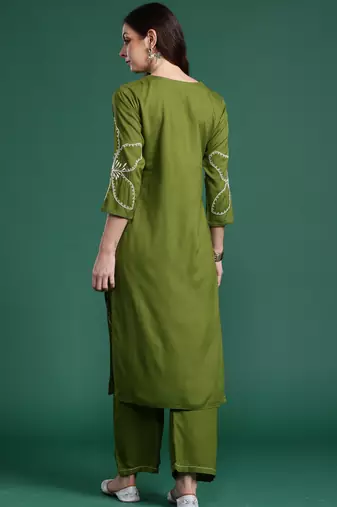 Green embroidered viscose rayon kurta trouser set