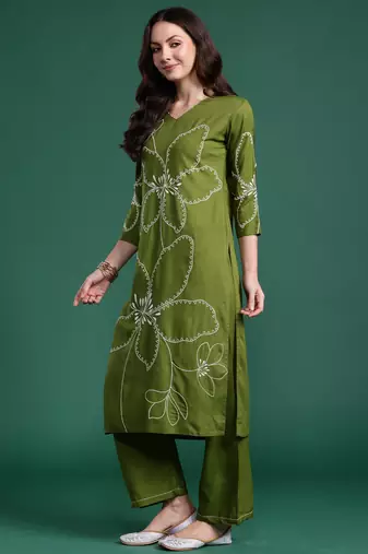 Green embroidered viscose rayon kurta trouser set