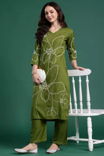 Green embroidered viscose rayon kurta trouser set