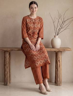 Mustard printed pure cotton kurta trouser set 1