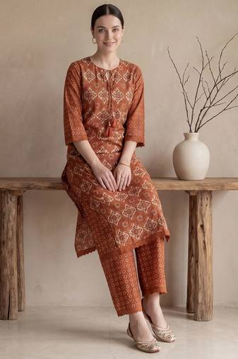 Mustard printed pure cotton kurta trouser set