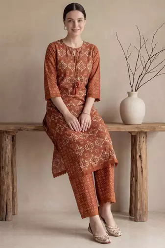 Mustard printed pure cotton kurta trouser set