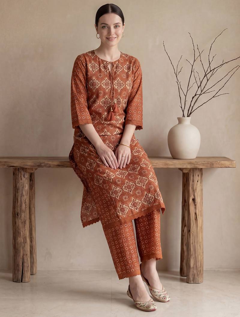 Mustard printed pure cotton kurta trouser set