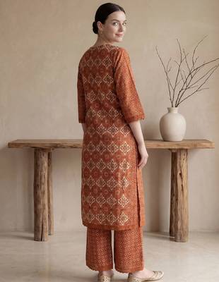 Mustard printed pure cotton kurta trouser set 2