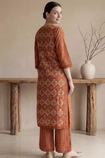Mustard printed pure cotton kurta trouser set