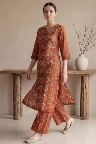 Mustard printed pure cotton kurta trouser set