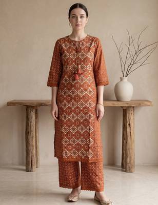 Mustard printed pure cotton kurta trouser set 4