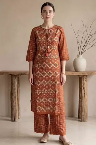 Mustard printed pure cotton kurta trouser set