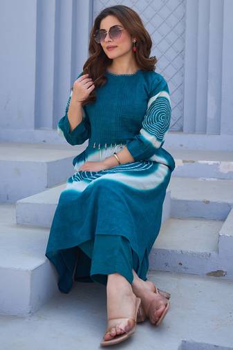 Teal printed pure cotton kurta trouser set