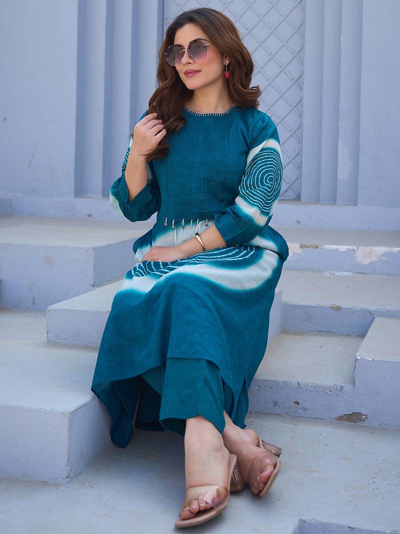 Teal printed pure cotton kurta trouser set