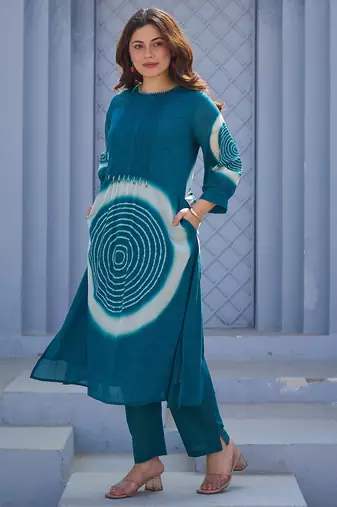 Teal printed pure cotton kurta trouser set