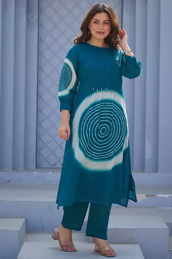 Teal printed pure cotton kurta trouser set