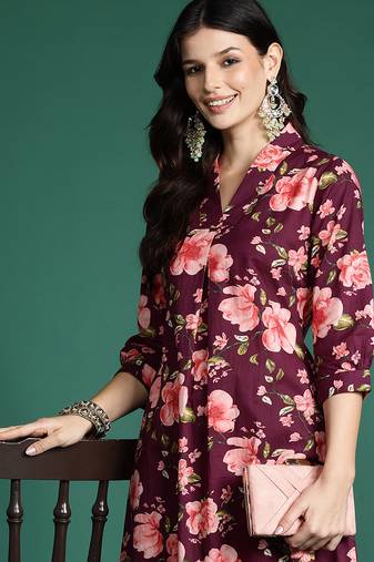 Burgundy printed pure cotton kurta trouser set