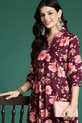 Burgundy printed pure cotton kurta trouser set