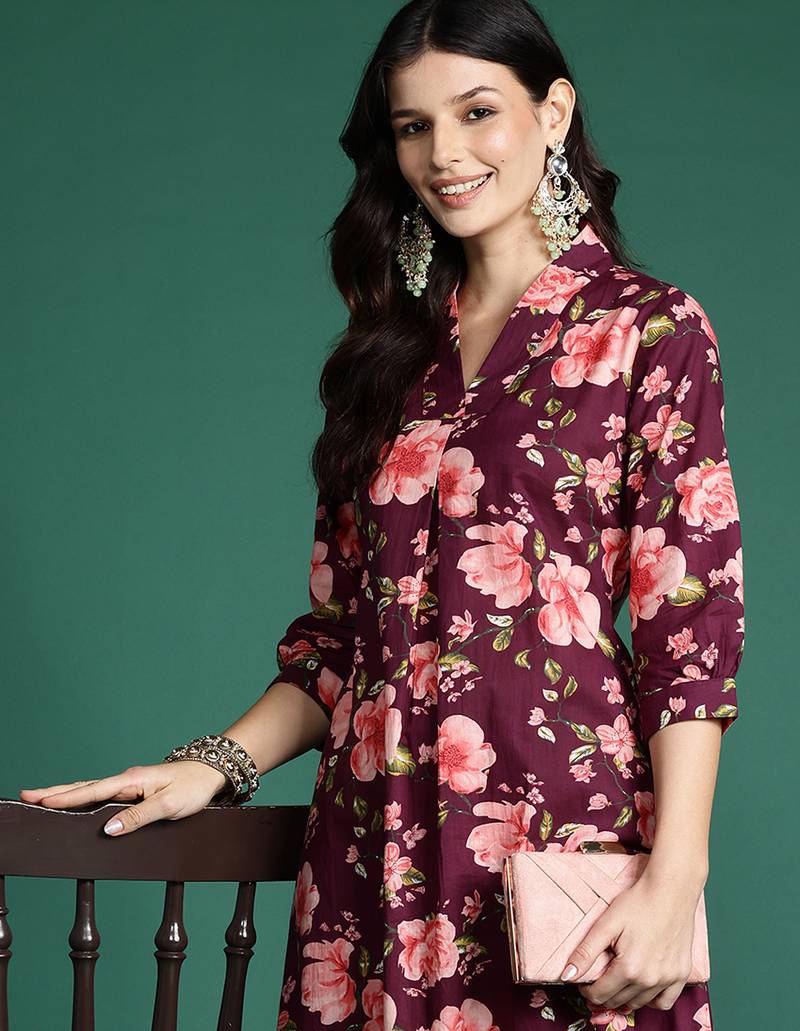 Burgundy printed pure cotton kurta trouser set