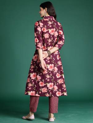 Burgundy printed pure cotton kurta trouser set 2