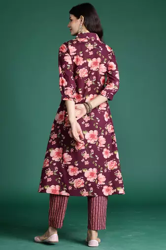 Burgundy printed pure cotton kurta trouser set